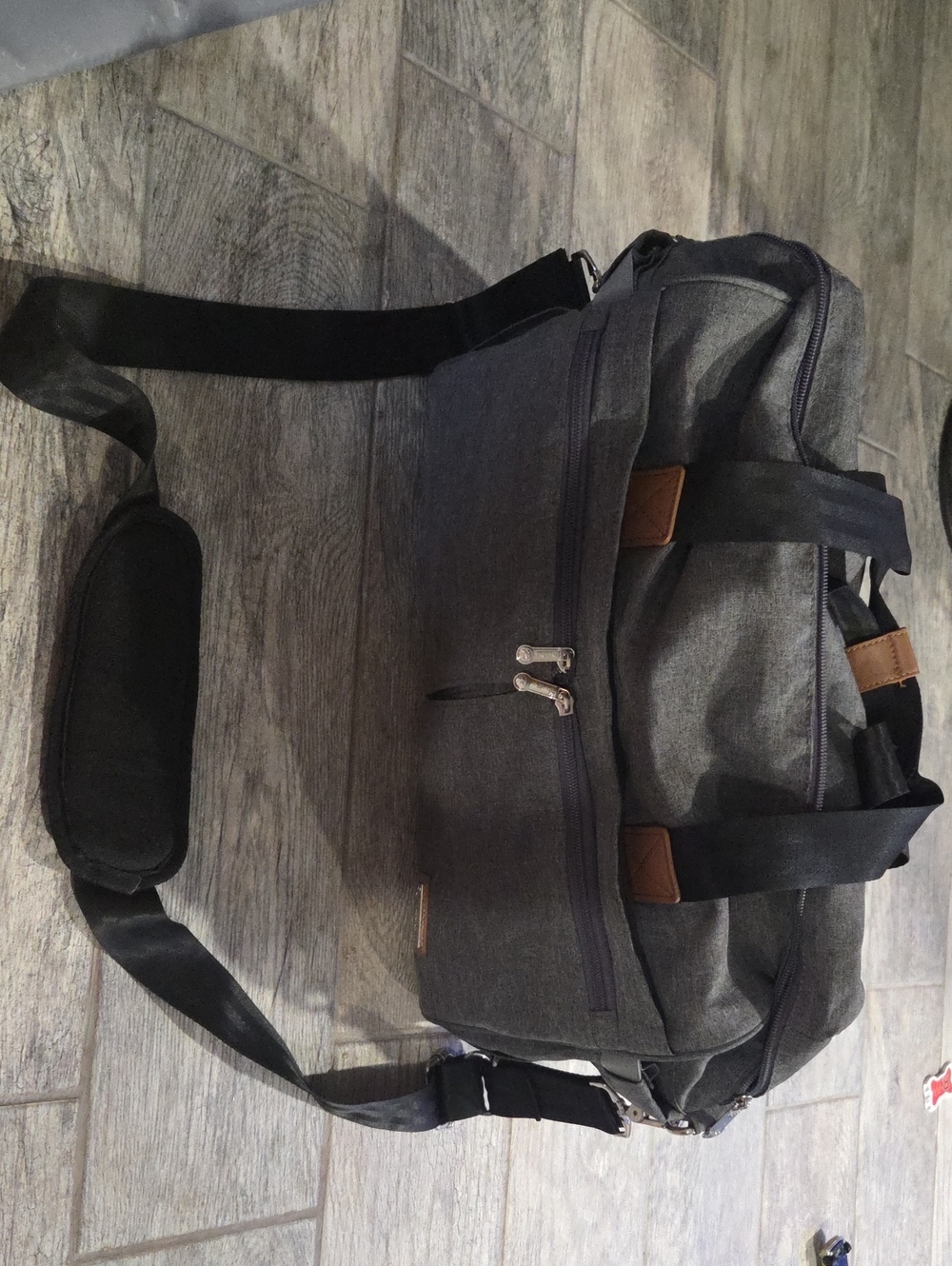 Ruvalino Charcoal Duffel Diaper Bag with Shoulder Strap and Leather Accents